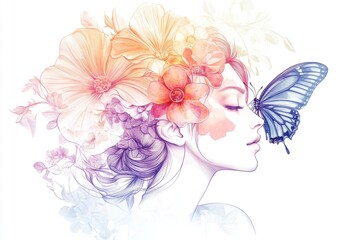 person with flowers and butterfly on her nose