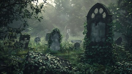 A desolate graveyard filled with ancient, weathered tombstones and overgrown with vines.