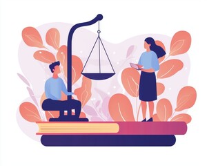 An illustration of a male and female balancing justice on a giant book, represented with soft pastel colors.