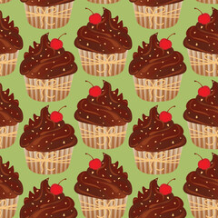 Seamless pattern for kitchen decor and more. Delicious chocolate cupcake with whipped cream and cherry. Vector cartoon illustration of sweet food.