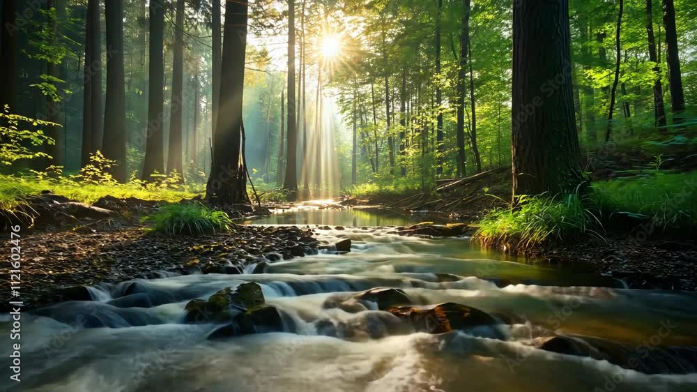 Poster Sunlight filters through trees over a serene stream in a lush forest landscape during daytime