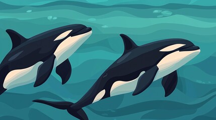 Fototapeta premium Two orcas swimming gracefully through clear turquoise waters.