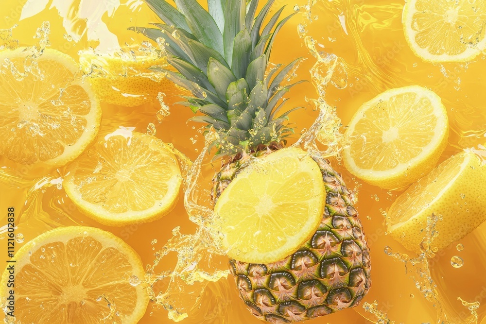 Poster fresh pineapple and lemon slices splash in vibrant citrus water, creating a refreshing summer vibe.