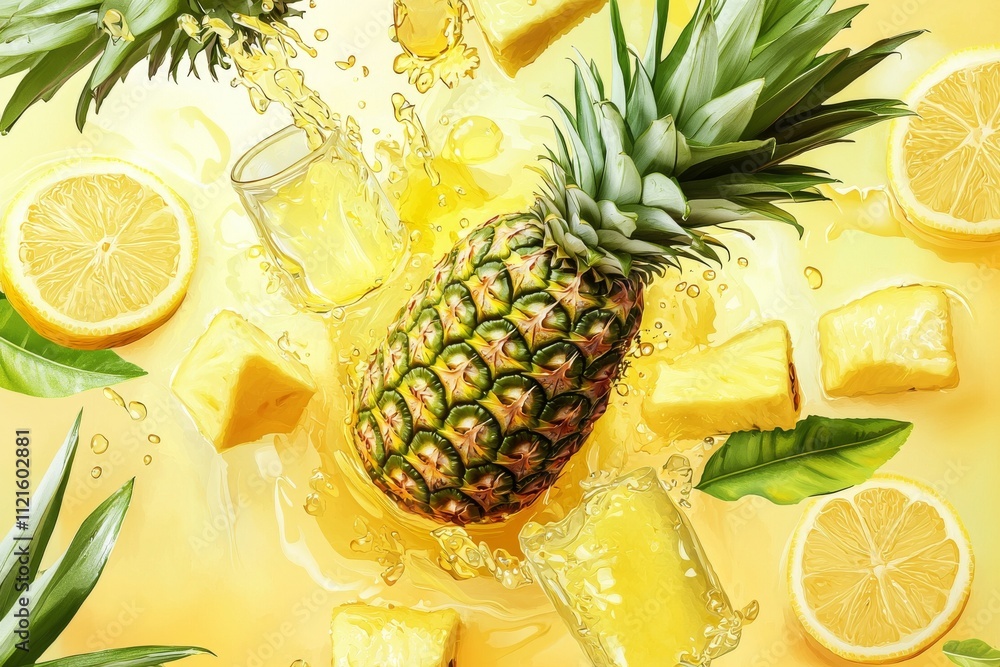 Poster vibrant yellow backdrop featuring a pineapple surrounded by lemon slices and juice splashes, creatin