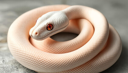 Fototapeta premium Striking albino python in a pale peach hue, detailed close-up highlighting its scales and piercing red gaze