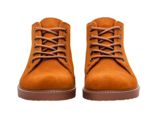 Pair of brown suede shoes with laces, isolated on transparent background