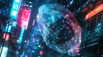 Detailed depiction of a biomechanical fusion inside a transparent plastic zipper bag, set in a high-contrast cyberpunk dystopia with neon lighting