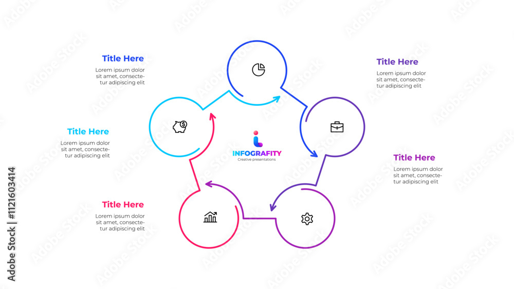Poster Outline Infographic circular diagram for business presentations with 5 steps or options. Pentagon cycle chart