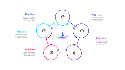 Outline Infographic circular diagram for business presentations with 5 steps or options. Pentagon cycle chart