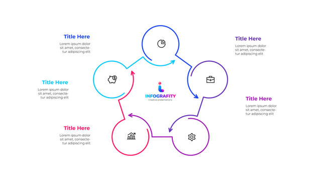 Outline Infographic circular diagram for business presentations with 5 steps or options. Pentagon cycle chart