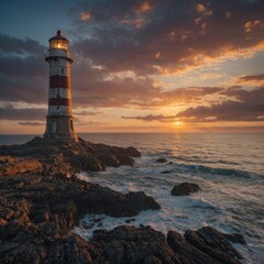 Fototapeta premium An abandoned lighthouse standing tall on a rocky coastline during sunset.