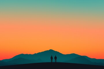 Fototapeta premium Silhouette of two people against a vibrant sunset over majestic mountains.