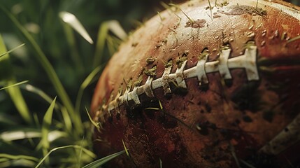 A detailed shot of a rugby ball with grass stains.