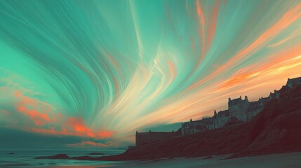 Coastal village sunset, vibrant teal and orange sky.