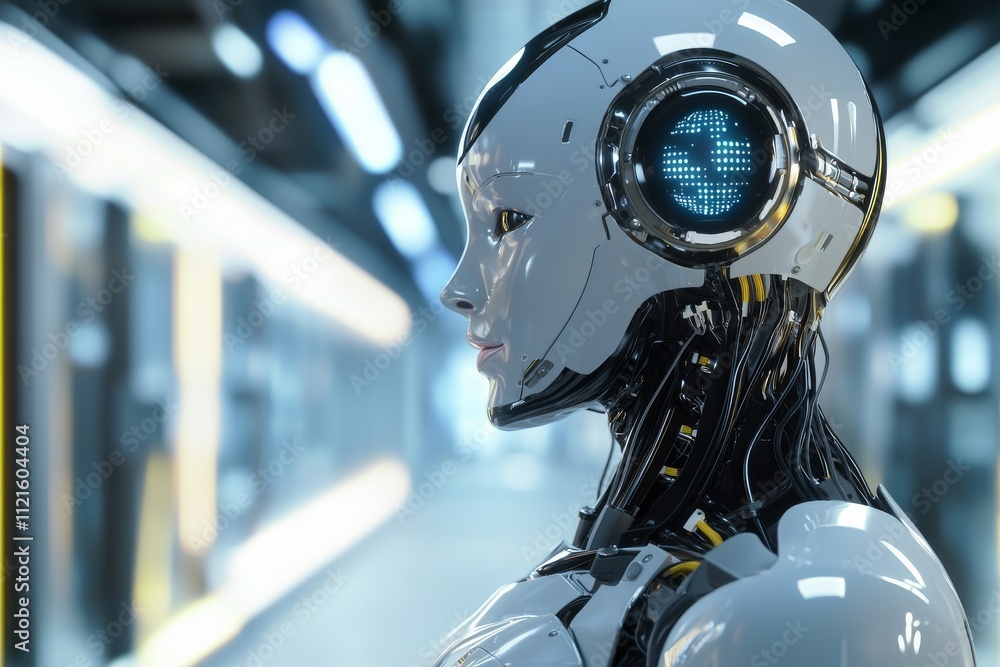 Poster a futuristic humanoid robot with a sleek design and glowing blue elements, set in a high-tech enviro