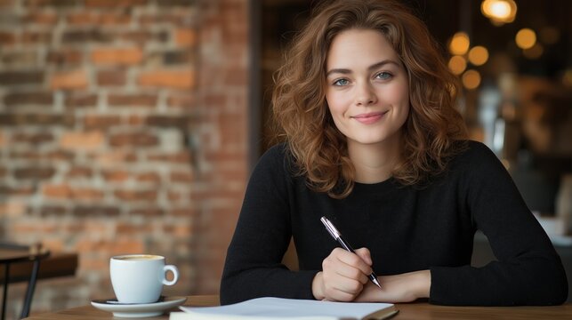 Happy young woman with curly hair sits at a cafe table writing in a notebook with a peaceful smile, enjoying a cup of coffee in a trendy cafe with a brick wall