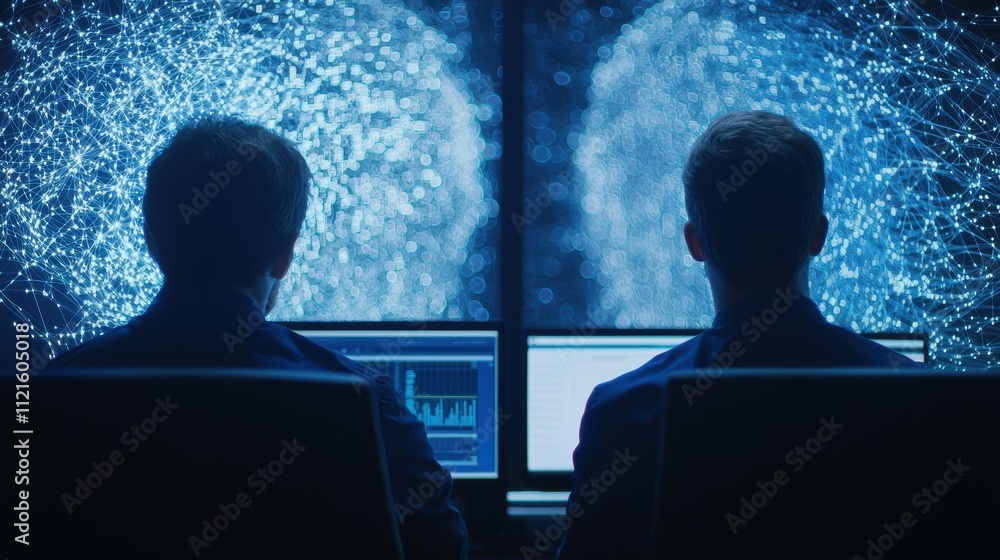 Poster interactive holograms displaying data and backup servers in modern digital environment