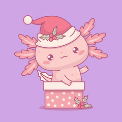 Cute Christmas Axolotl. Little cartoon pink kawaii character wearing Santa hat in gift box. Vector illustration. New Year funny postcard. Kids collection