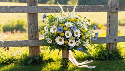 Fototapeta premium Rustic Wildflower Bouquet with Daisies and Blue Accents by a Wooden Fence