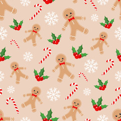 Vector Christmas pattern with a Christmas gingerbread man, candy cane, snowflake and Christmas plant