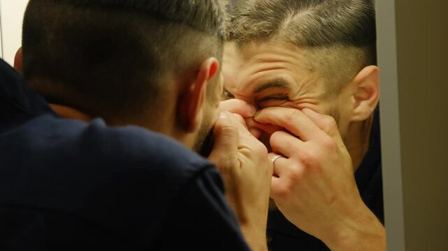Man with pimple on his face. The guy squeezes out pimples on his face while standing in the bathroom in front of the mirror in the morning