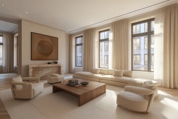 Spacious modern living room featuring minimalist design in neutral tones and abundant natural light.