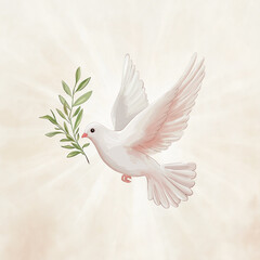 Fototapeta premium Hand-drawn peace dove holding olive branch with glowing light