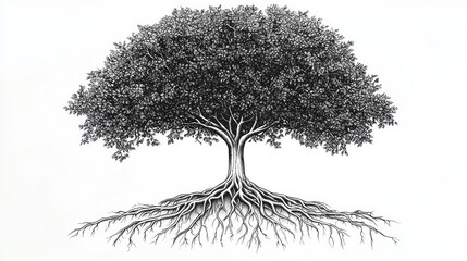Black and white tree illustration with detailed roots extending underground