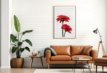 A modern living room with a brown leather sofa, a potted plant, and a framed artwork on the wall featuring two red gerbera daisy flowers