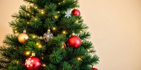 Festively Decorated Christmas Tree with Ornaments and Warm Lights