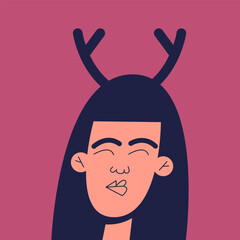 Portrait of a beautiful girl in a Christmas deer costume, celebrating Christmas. Сhildren's Christmas character. Flat vector illustration in cartoon style.