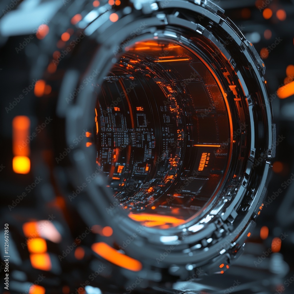 Aufkleber abstract futuristic technology with glowing orange elements and intricate circuitry details in a dar