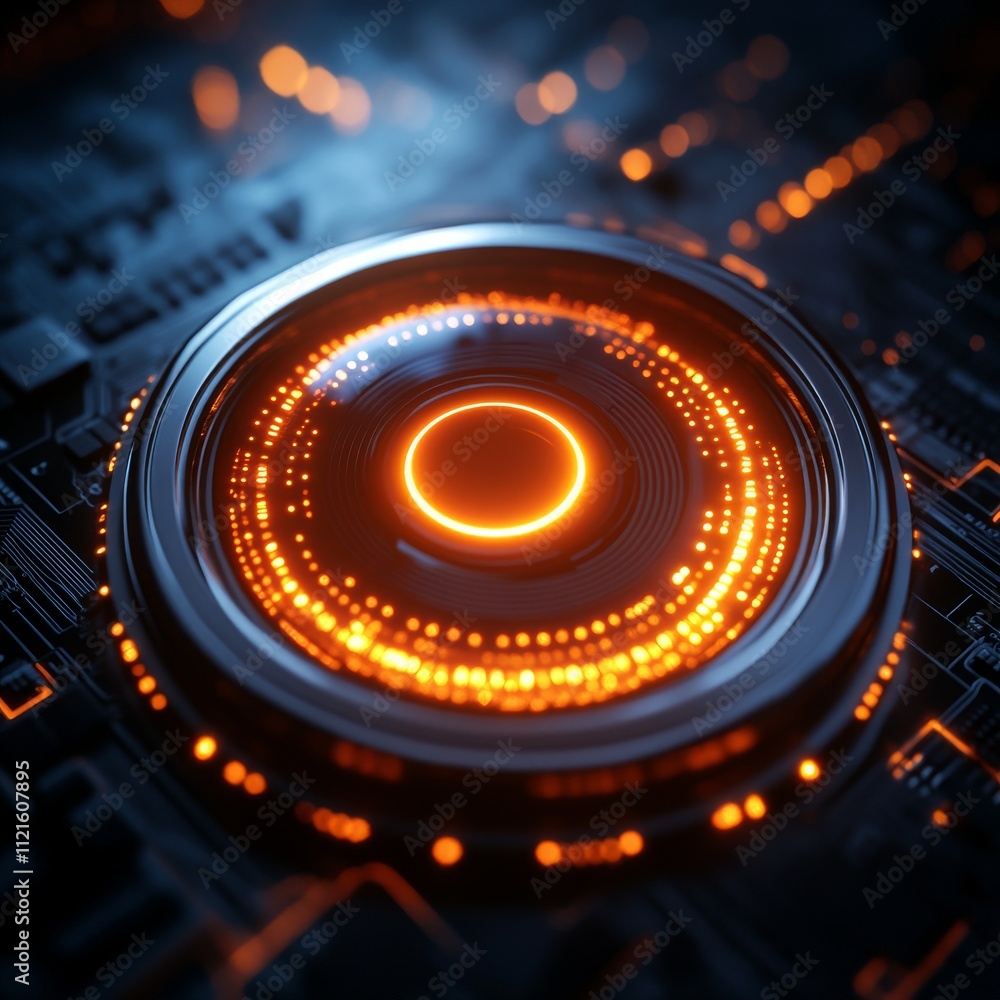 Aufkleber futuristic glowing circuit design with intricate patterns and bright orange light effects.