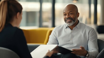Obraz premium Friendly HR manager having one-on-one with candidate, casual environment. Middle aged man hr manager