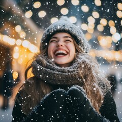 Joyful young woman in winter attire, smiling amidst falling snowflakes and sparkling lights, exuding warmth and happiness.