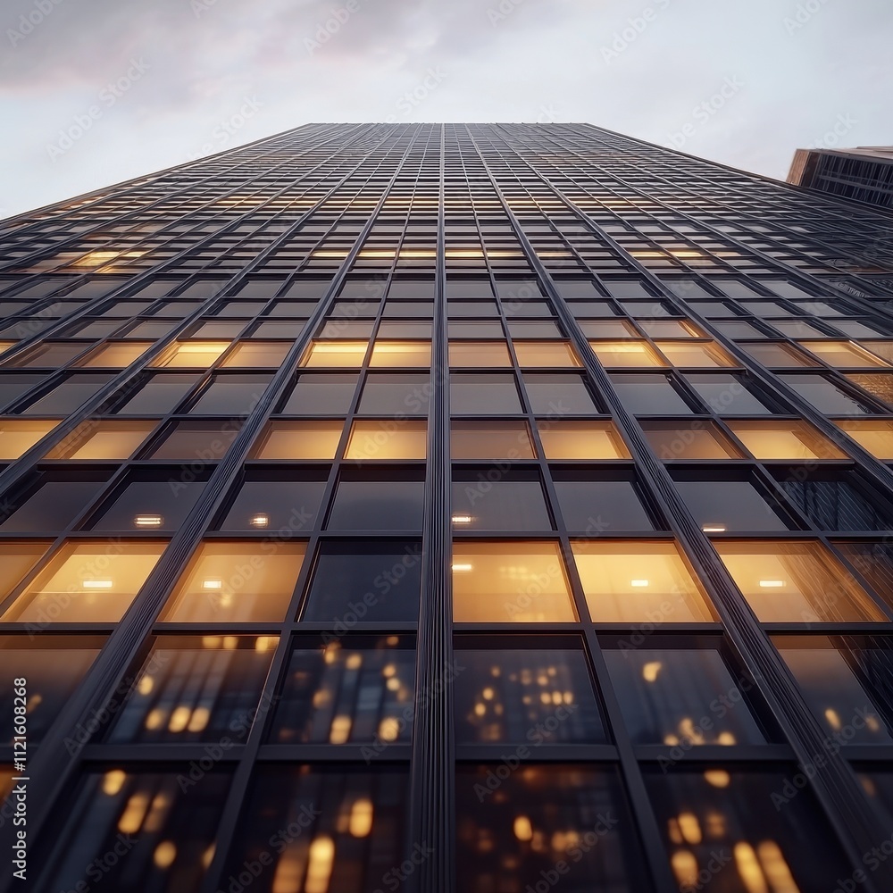 Poster skyscraper reflection at dusk: a captivating display of architecture and light