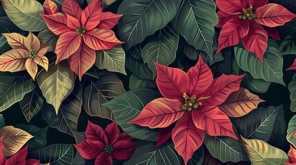 A vibrant pattern of poinsettia flowers and lush green leaves.