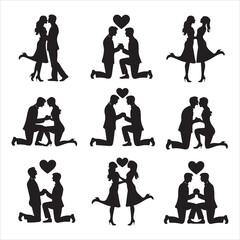 Set of silhouette Romantic couple, lovers hug, kiss and proposing vector