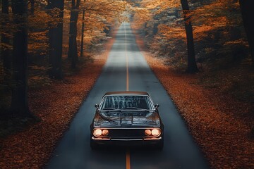 Autumn Drive: A classic car cruises down a misty road, bathed in the golden hues of fall foliage. The scene evokes a sense of adventure and nostalgia, inviting viewers to imagine the journey ahead. 