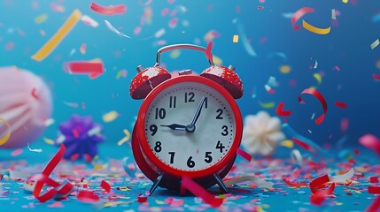 A New Year alarm clock with colorful confetti, set against a blue background