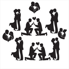 Set of silhouette Romantic couple, lovers hug, kiss and proposing vector
