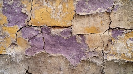 Fototapeta premium A textured background of a rough, uneven brown and purple stone wall with visible cracks.
