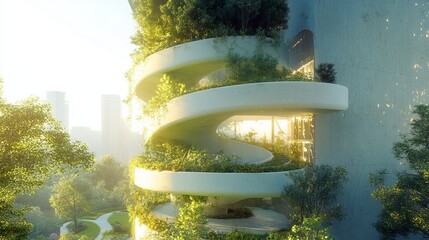 A sustainable building tower featuring a spiral ramp and integrated garden elements. The design emphasizes eco-friendly architecture.