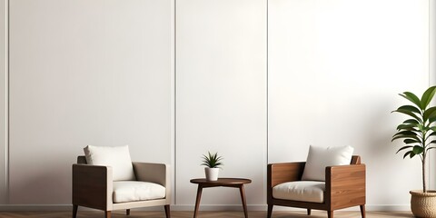 A minimalist living room with two beige armchairs, a wooden side table with a potted plant, and a plain white wall background
