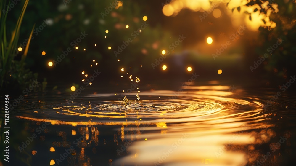 Poster water emerging in ripples from a pond, the soft light illuminating the droplets and casting a calmin