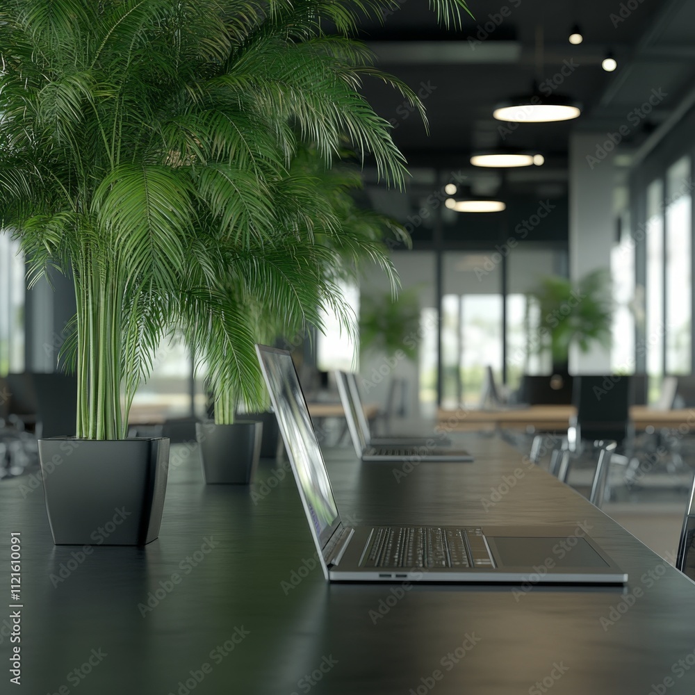 Poster a serene office workspace featuring sleek laptops and lush greenery, creating a calming environment 