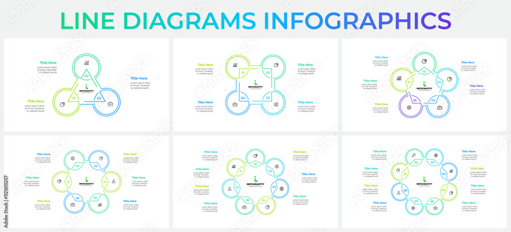 Poster set of infographic outline cycle diagrams with 3, 4, 5, 6, 7 and 8 options, steps or processes