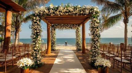 Fototapeta premium Romantic beach wedding ceremony with floral arch and ocean view
