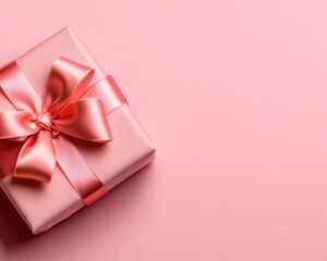A beautifully wrapped pink gift box with a satin ribbon on a soft pink background, perfect for any special occasion.