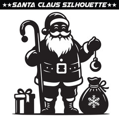 Santa Claus silhouette full of gifts and christmas tree. Merry christmas and Happy new year decoration. Vector on eps 10